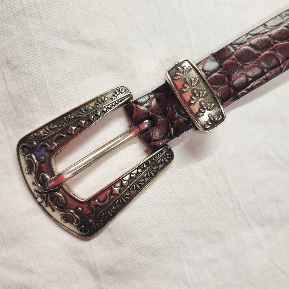 Lake Shore Drive Brown Crocodile Embossed Leather Belt Silver Filigree Buckle M